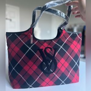 NWT Victoria's Secret Plaid Flannel Red and Black Tote Bag with embroidered logo